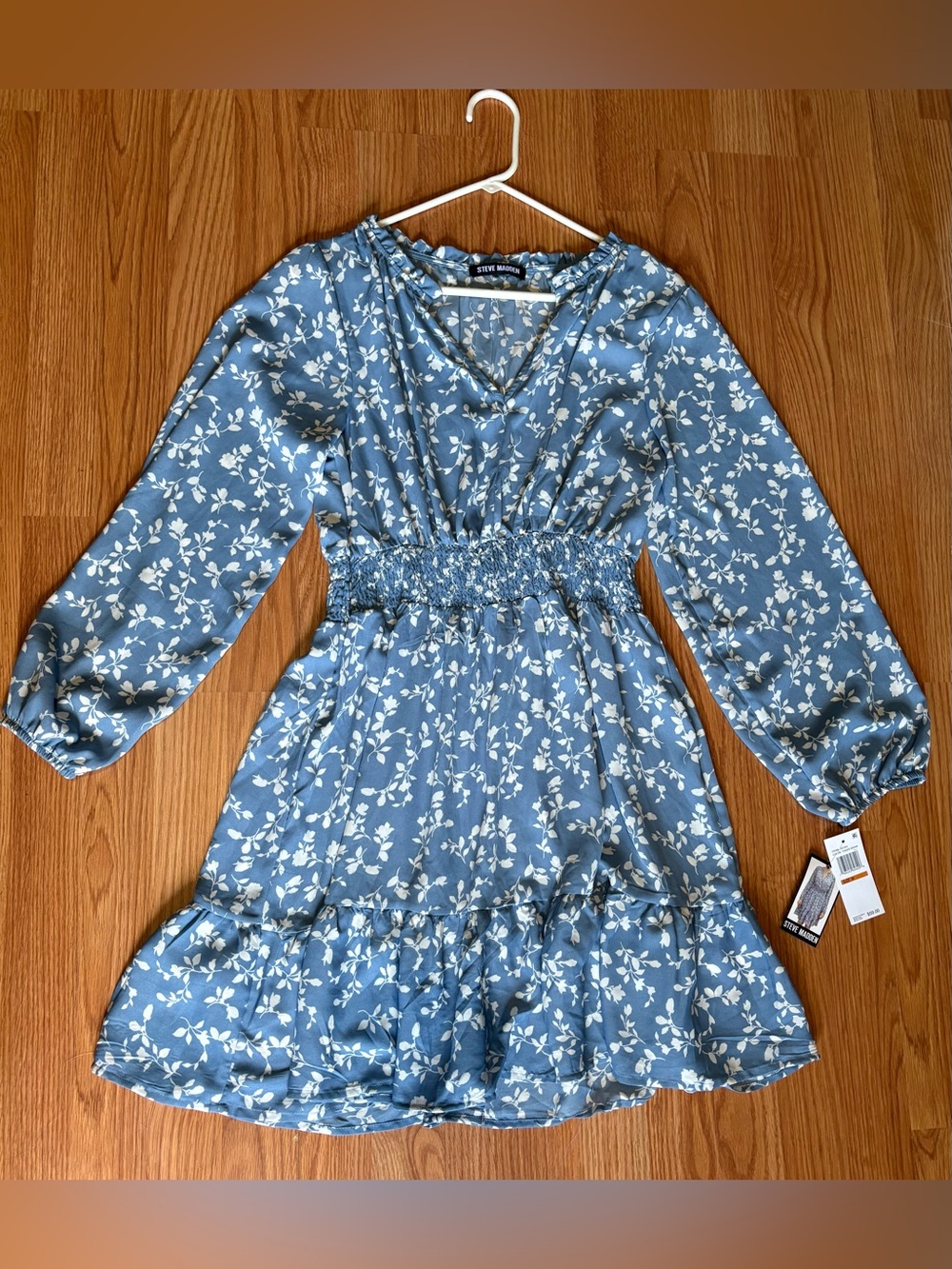 Steve Madden Blue & White Floral Smocked Waist Long Sleeve Mini Dress